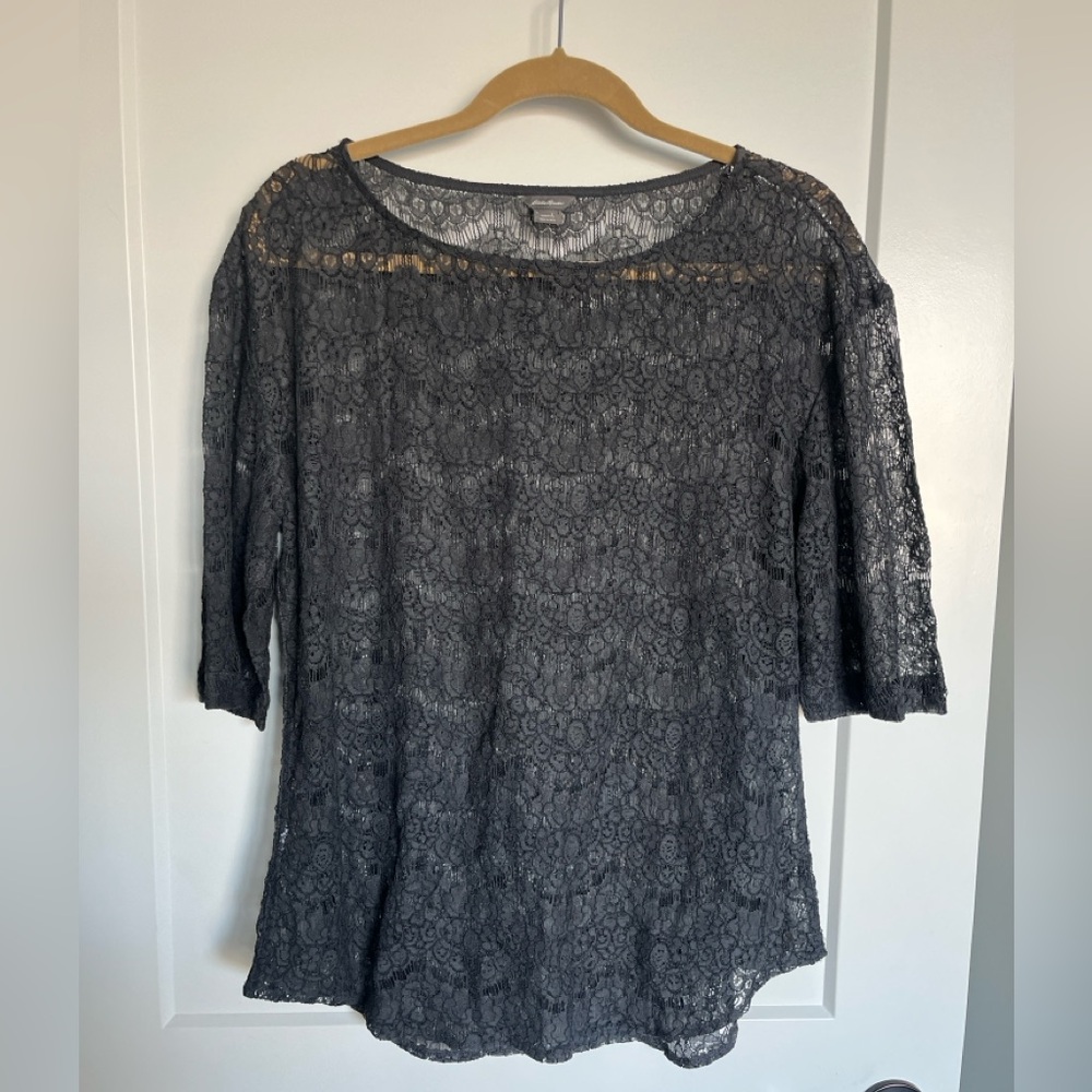 Like New Eddie Bauer Charcoal Lace Overlay Women's Blouse